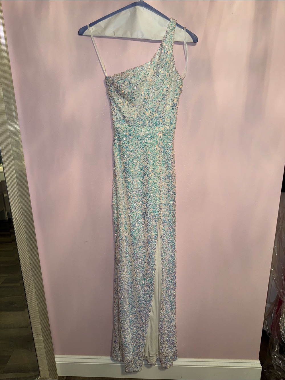 Windsor One-Shoulder Sequin Evening Gown in White Iridescent Aqua